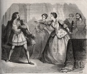 Gabrielle de Vergyは、婚約者のEudes de Fayelが従兄弟のAlbert de Nozereauとの友情に嫉妬していることに異議を唱えます。12世紀の伝説の場面。ヘンリー・デ・コック（1819-1892）の「Histoire Des Cocus Celebres」に掲載された1871年の版画。