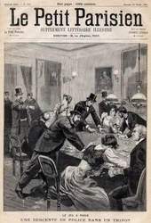 パリのゲームハウス。賭博場（カジノ）に入った警察の手入れ。1893年2月26日の新聞 "Le Petit Parisien "に掲載された1枚（エングレービング