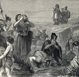 Gedeon (Gideon) chama por Deus para derrotar os madianitas escolhe seus soldados entre aqueles que bebem enquanto levam água à boca (Gideon ou Gedeon escolhe seus soldados mantendo apenas aqueles que levaram a água à boca e, ao fazê-lo, dra