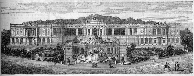 1859年にフレデリック・オーギュスト・バルトルディ（1834-1904）が想像した、ローヌ川流域のマルセイユ（13）にあるロンシャン宮の全景。4月30日付「Le Monde Illustré」第681号に掲載された図版