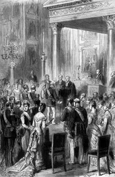 ドイツ皇帝ウィリアム1世(1797-1888)とインプレス・オーガスタ(1811-1890)の金婚式。1879年6月、ベルリン王宮の礼拝堂で行われた宗教儀式。7月5日付「Le Monde Illustré」1162号に掲載された図版