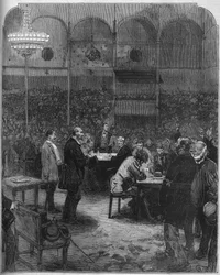 1878年のGreve des cochers de charres de Paris: フェルナンドサーカスのプティット・カーズ(Petite-Cars)の会社の代表者の選挙。1878年8月17日の "Le Monde Illustré" n°1116に掲載されたエングレーヴィング。