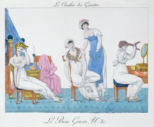 寝る準備をするグリゼットたち、「Le Bon Genre」のプレート30、19世紀初頭（カラーリトグラフ