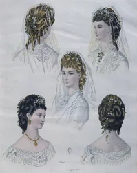 ヘアスタイル、ラモードのイラストillustree、1872（カラー彫刻）