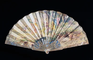 春や愛の開花を描いたハンドファン、ペイントされたカバー紙に白蝶貝の彫刻が施されたガードスティック、35.5cm、Adolphe Faugeronのサイン入り、フランス