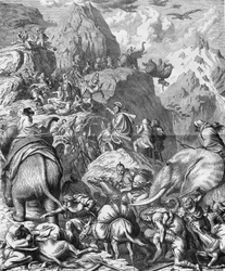 ハンニバルが象を連れてアルプスを越え、イタリアに到着したところ（第二次ポエニ戦争）。19世紀のエングレーヴィング。