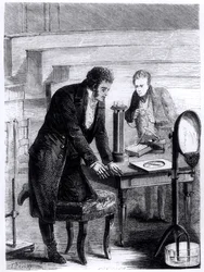 ハンスクリスチャンエルステッド（1777-1851）が1820年に閉電流によって磁気針の偏差を発見した、ルイフィギエ（1819-94）によるLes Merveilles de la Scienceから、1867