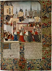 ハーレー 4379 f.3 1325 年、エドワード 2 世 (1284-1327) の疎遠な配偶者であるイザベラ女王のパリへの入場。 ベラム)