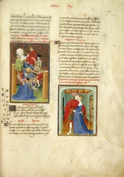 ハーレー 4431、f.129 運命の輪。 「女王の書」より、ヘレンを抱きしめるパリス、vol. 1、Christine de Pizan著、c.1410-14（ベラムにインク、カラー、ゴールド）