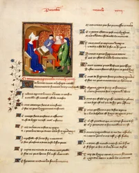 Harley 4431 volume II、f.259v 「The Book of the Queen」の「Proverbes moraux」の冒頭で道徳的なことわざを読んでいる女性のミニチュア、Christine de Pizan作、c.1410-14 ベラムで）