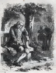 彼はキスのささやきを聞いた。"スイスの哲学者ジャン・ジャック（Jean Jacques）ルソー（1712-1778）は、伴侶のマリー・テレーズ（Marie Therese）ル・ヴァッスール（Levasseur）（1721-1801）を完全な不倫状態で驚かせます。Histoire Des Cocuses』に掲載された1871年のエングレーヴィング