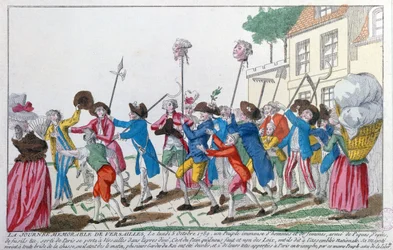 1789年10月5日にベルサイユでパリの暴徒によって殺された2人の王の警備員の頭が勝利を収めてパリに運ばれました