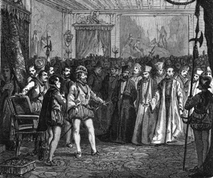 ルーアンの名士たちの集会の前でのアンリ4世。Histoire Populaire de la France」（1885年頃）に掲載。エングレーヴィング。