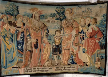 紀元前1713年、アレクシアの街の前で、妻のガラテーと息子のガラテーを廷臣たちに囲まれたリビアのヘラクレス。アラスの工房で作られた「ガウルス人の素晴らしい歴史」のタペストリー。1530年 ボーヴェ、博物館の部門別博物館
