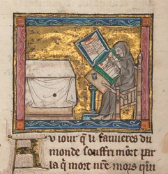 机で書く隠者、「Estoire del Saint Graal、La Queste del Saint Graal、Morte Artu」のミニチュア、c.1315-25（羊皮紙のインク）