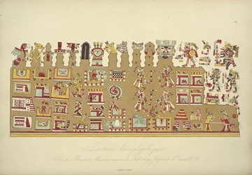 ウィーン帝国図書館に保存されていたメキシコ写本IIの象形文字の絵画、アレクサンダーフォンHによるコルディジェラの眺めとアメリカ先住民の記念碑のイラスト