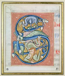 サンタンドレオアボアの聖書（vellum）からのアクロバットと空想的な動物を描いた歴史的な最初の「S」