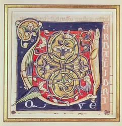 歴史的な最初のUは、サンタンドルオワボワの聖書から、交錯パターンと幻想的な動物を描いています