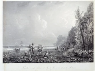 フランス植民地の歴史：1625年から1635年にかけて、西インド諸島のサン・クリストフ（セント・キッツ）とマルティニークの植民地を創設したのは、フランス人のピエール・ベラン・デナンブク。入植者たちは先住民を捕らえている。18世紀のエングレーヴィング C