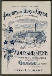 1849年に設立されたメゾン - Fragrances aux Fleurs de Grasse - Steam plant:モリナール・ジュネ - モリナールの工場を紹介する広告カード - 彫刻、20世紀初頭