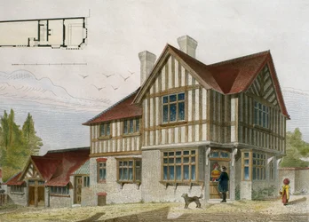 ロンドン地区の小さな店主の家、ルモニテュールデアーキテクツのイラスト、1884年、ポールルイベリーによって彫刻（19世紀）（色の彫刻）