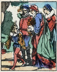 フランスの作家、シャルル・ペロー（1628-1703）の物語 "Riquet a la houppe "の挿絵。エピナルのイメージング・ペランの木版画。19世紀後半の作品。