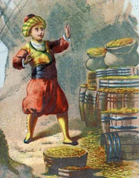 千夜一夜物語」の挿絵。アリババ（アリババ）が、ゴマがお前を開いて金の樽を見る、と言って岩の中に入っていく。1890年頃のクロモリトグラフ。