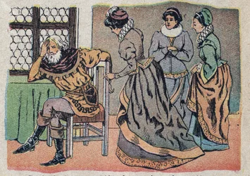 物語「美女と野獣」の挿絵：痛みに迷う商人。クインのイメージのエングレービング、1890年頃。