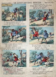 ジャン・ド・ラ・フォンテーヌ（1621-1695）の寓話「オオカミは羊飼いになった」のイラスト。19世紀後半のエピナル・イメージング。