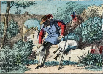 ジャン・ド・ラ・フォンテーヌ（1621-1695）の寓話「オオカミは羊飼いになった」のイラスト。19世紀後半のエピナル・イメージング。