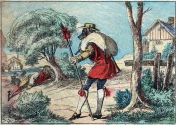 ジャン・ド・ラ・フォンテーヌ（1621-1695）の寓話「オオカミは羊飼いになった」のイラスト。19世紀後半のエピナル・イメージング。