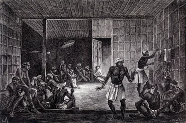 1862年に出版された「Le Tour du monde」に掲載された、ボルネオ島のダヤック族による悪魔祓いの様子を描いたイラスト。エングレーヴィングです。