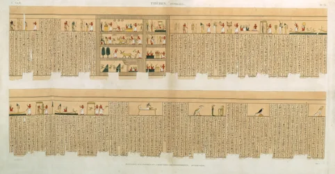 ウィレミンによって出版された、「エジプトの説明」の第II巻の象形文字、ハイポギース、テーベ、プレート75のパンプス写本のイラスト、パブ。 1822（アクアチント）