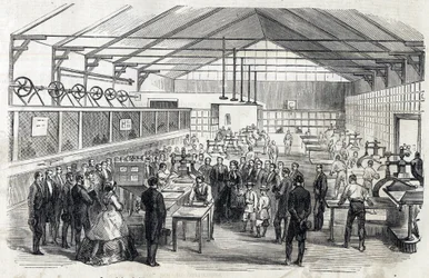 ウジェニーと皇太子のフランス銀行訪問、1866年6月23日 - 銀行券の印刷 - Le MONDE Illustrous DU 07-07-1866に掲載された刻印