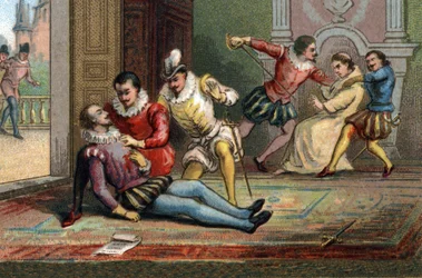 1589年、修道士ジャック・クレマンはアンリ3世に手紙を読ませた後、刺して殺害した。王はナバラ王アンリの腕の中で息を引き取った。1890年頃のクロモリトグラフ。
