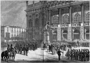 1859年4月10日、トリノ（イタリア）のシャトー広場で行われたVincenzo Vela（1820-1891）によるサルデーニャのモニュメントの落成式。像の後ろには「パラッツォ・マダマ」がある。フェリー氏のスケッチによる。18年4月23日付「Le Monde Illustré」106号に掲載されたエングレーヴィング