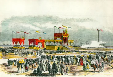 1869年、エジプトのスエズ運河開通式。ポートサイドで「テ・デウム」を歌う。紅海と地中海を結ぶために作られた運河である。