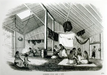 タヒタン小屋の中、ユージーンデレッサート作「Voyages dans Les Deux Oceans」より、1848