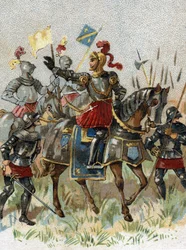 イタリア戦争：1509年5月14日、イタリアのアグナデル（ミラノ）の戦いでのフランス王ルイ12世（1462-1515）の姿。クロモリトグラフィー。