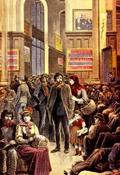 1896年3月、パリのサン・ラザール駅でのイタリア移民（エングレーヴィング）