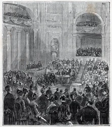 ジャック・バビネ（1794 - 1872）：1840年の5つのアカデミーの厳粛な会合でのフランスの物理学者・天文学者 - アレクシス・クレールの「すべての人に行き渡る科学 - 物理学と化学」に掲載された版画 - 19世紀末。19世紀末 個人蔵