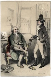 フランスの詩人ジャック・ディ・ラベ・デリーユ(1738-1813)は、友人の一人にキャビネットの鍵を強制的に開けるように頼んだり、妻が彼の靴に鍵をかけたりして、彼を外に出さずに仕事をさせるようにしている。Scenes de la vie des hommes famous "のエングレーヴィングから抜粋したプレート。
