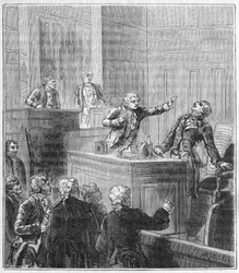 ジェームズ・プライス（1752-1783）は、王立協会の集会中に自分を毒殺した（プルシアン酸）。アレクシス・クレール著「万人のための科学-物理学と化学」に掲載された版画（19世紀末）。19世紀末 個人蔵