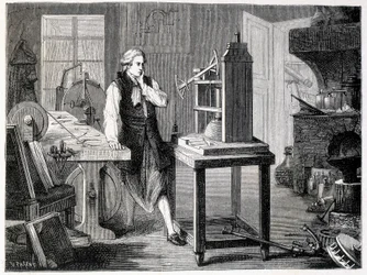 ニューコメンの機械を研究するジェームズ・ワット（1767年） - 1896年の「科学のアルバム：著名な学者たち、偉大な発見」より