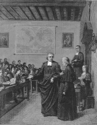 Jean Baptiste De La Salle (Jean-Baptiste) 1651-1719 フランスの宗教家で、キリスト教学校の兄弟の会の創設者、M de La Chetardieに自分の学校の一つを見せる。19世紀末のエングレーヴィング。