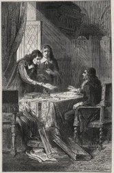 Jean Chapelain (1595-1674) フランスの詩人・文芸評論家、Pierre Costar (1603-1660)がJean Baptiste Colbert (1619-1683)に国王から年金をもらうに値する作家のリストを渡した-Louis Dumas 18の "Les Hommes Celebres de la France "に掲載されている彫刻。