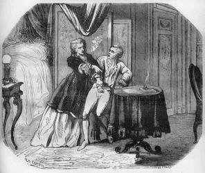 プレ侯爵夫人ジャンヌ・アグネス・ベルテロット・ド・プレモン（1698-1727）は、恋人であるブルボン公爵兼コンデ公爵ルイ・アンリに、彼女の崇拝者全員を聖霊の騎士（聖霊の騎士団）と名付けることを義務づけた。売春の歴史a」からのエングレーヴィング。