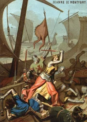 ジャンヌ・ド・モンフォールとラ・ブルターニュ（1342年）。ジャンヌ・ド・モンフォールはガーンジー島付近の海戦を支援しました。シリーズ「映像による愛国教育」のクロモリトグラフ。