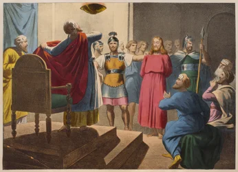 カイアファスの前のイエスキリスト、カテキズムLHistoire Sainteのイラスト、19世紀後半、パリ、Charles Delagraveから出版