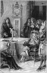 ジョセフ・ギシャール（Joseph Guichard）・デュヴェルニー（Duverney）（1648-1730）がフランスのブルゴーニュ公ルイ（1682-1712）に解剖学のレコンを贈る様子。18世紀。1878年のエングレーヴィング。